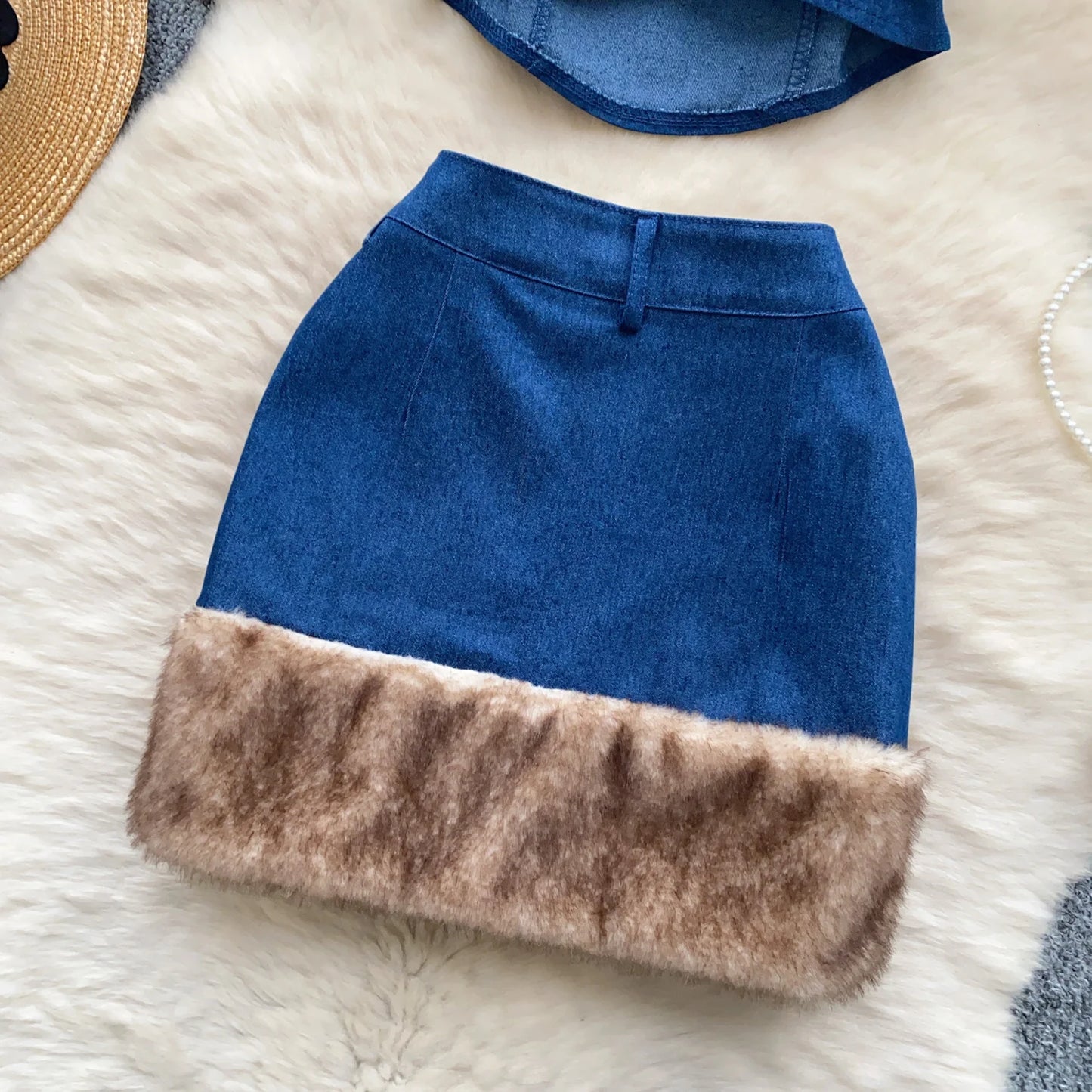 SINGREINY 2-Piece Denim Set – Strapless Feather Trim Crop Top + High Waist Skirt