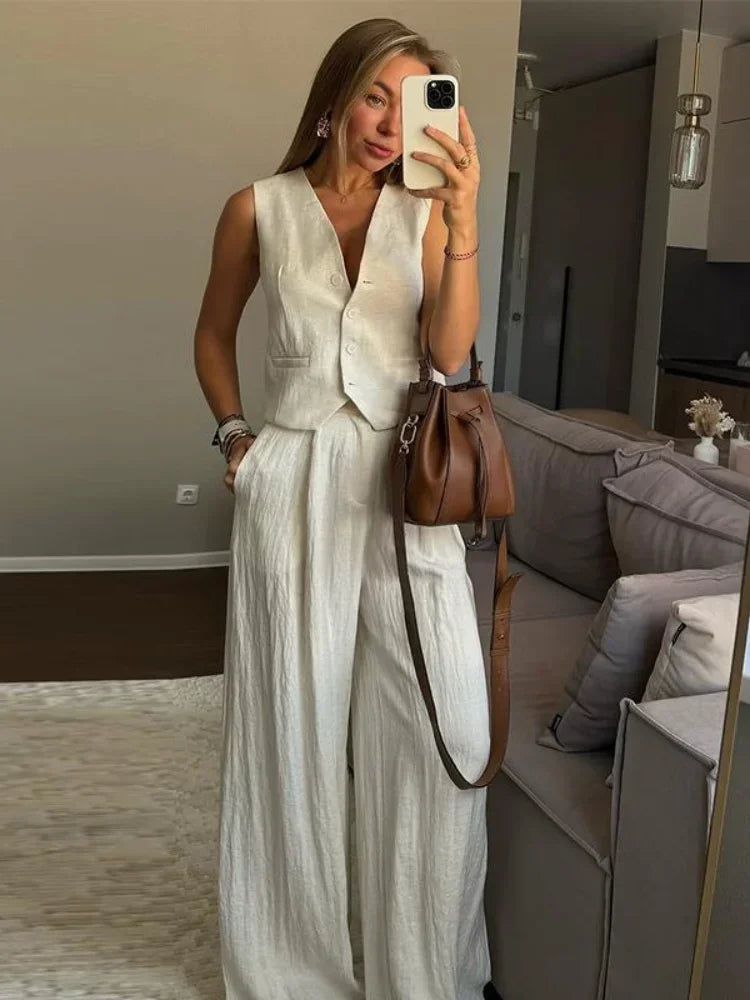Women’s Cotton Linen Vest & Pants Set – Sleeveless Loose Fit Elegant Outfit