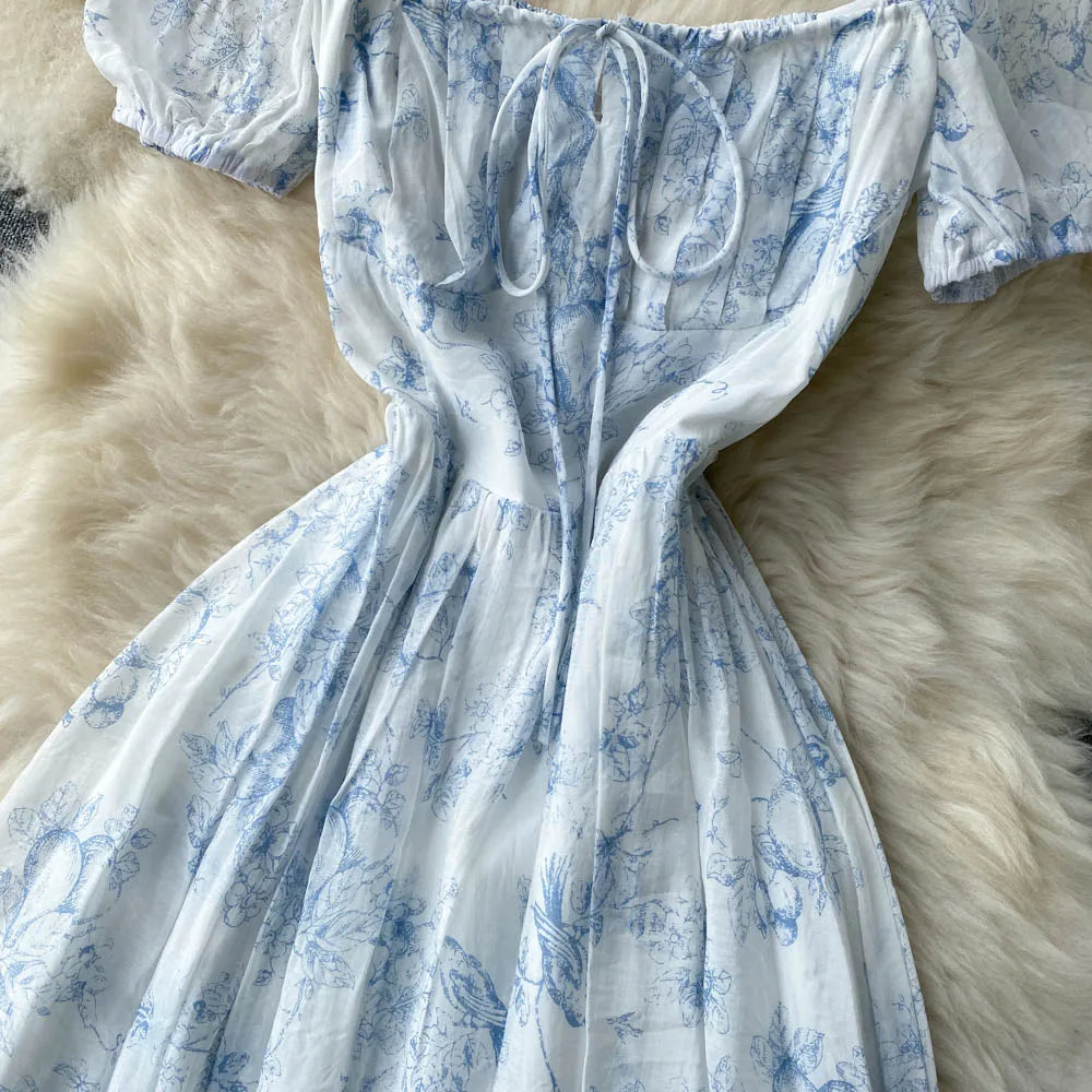 French Floral Square Neck Dress – Summer Elegance