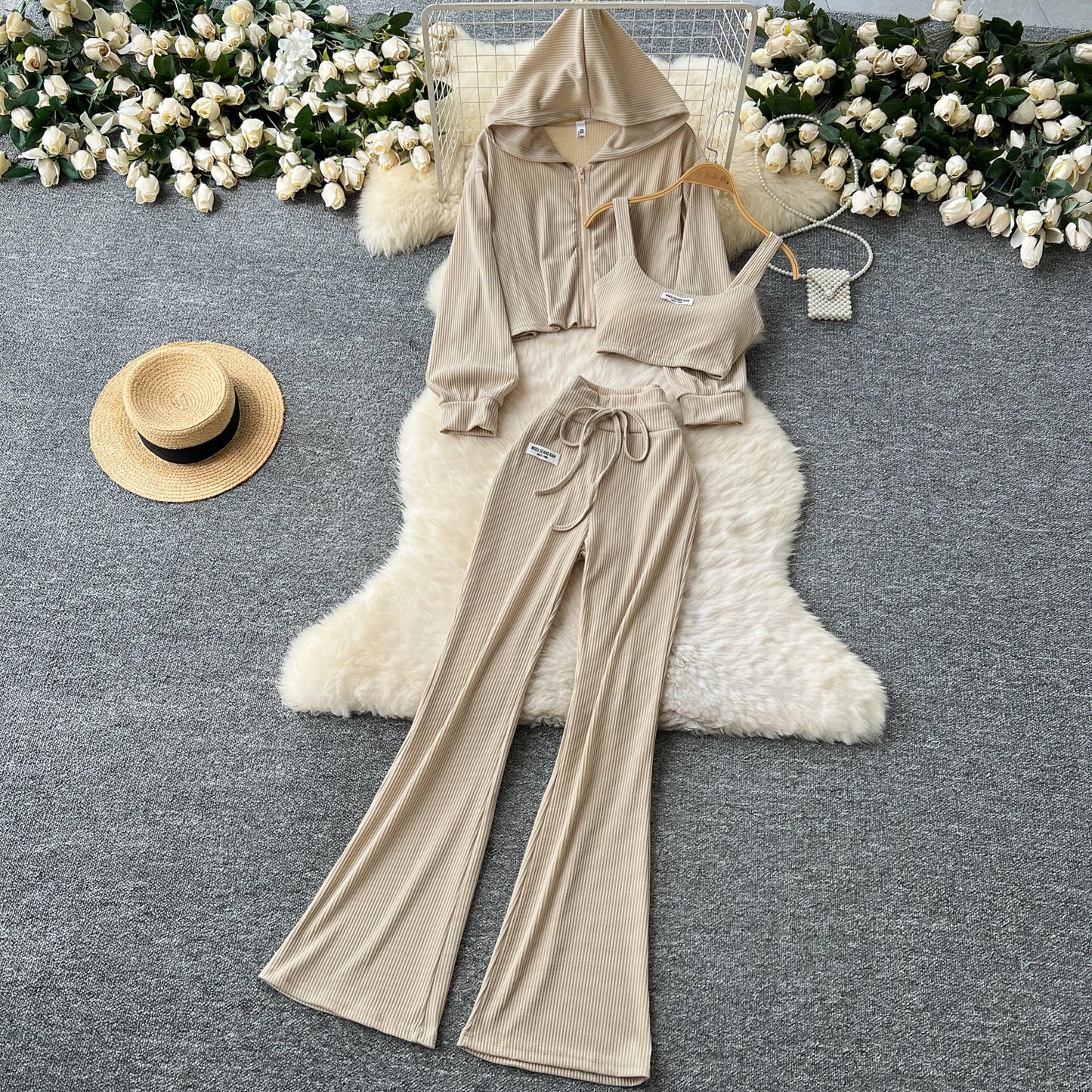 Three-Piece Set – Hoodie + Camisole + Wide Pants