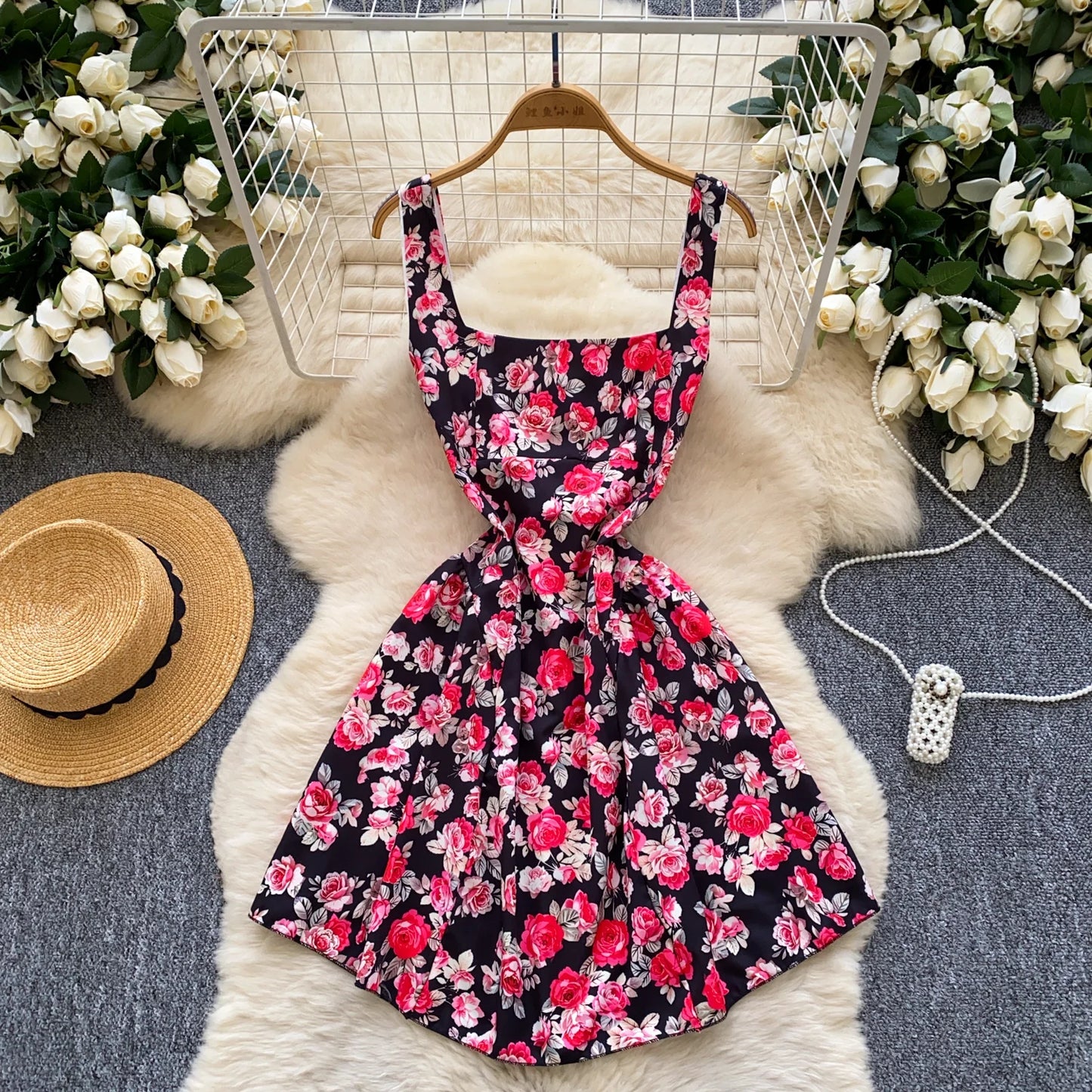 Floral Lace-Up Back Sundress – White with Pink Flowers
