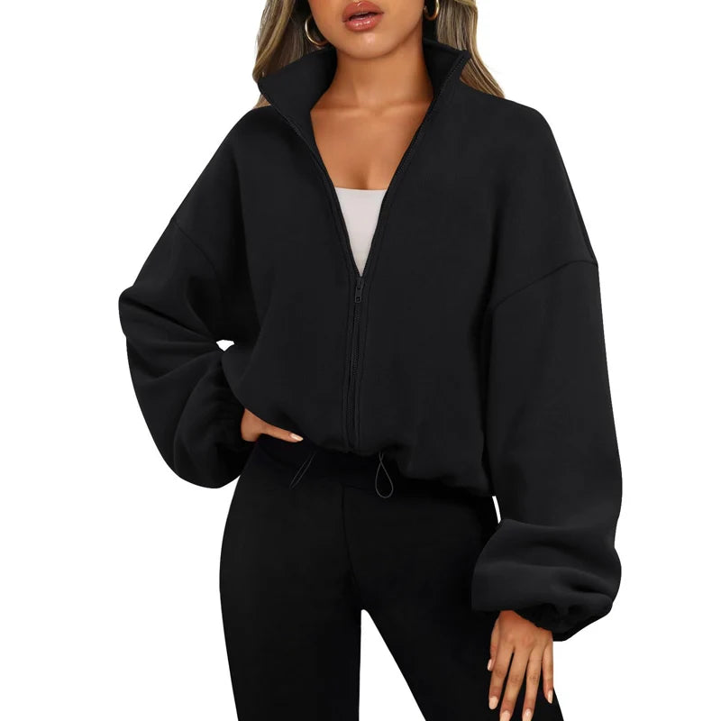 Women’s Fleece-Lined Sports Sweatshirt – Casual Loose Crop Top with Long Sleeves