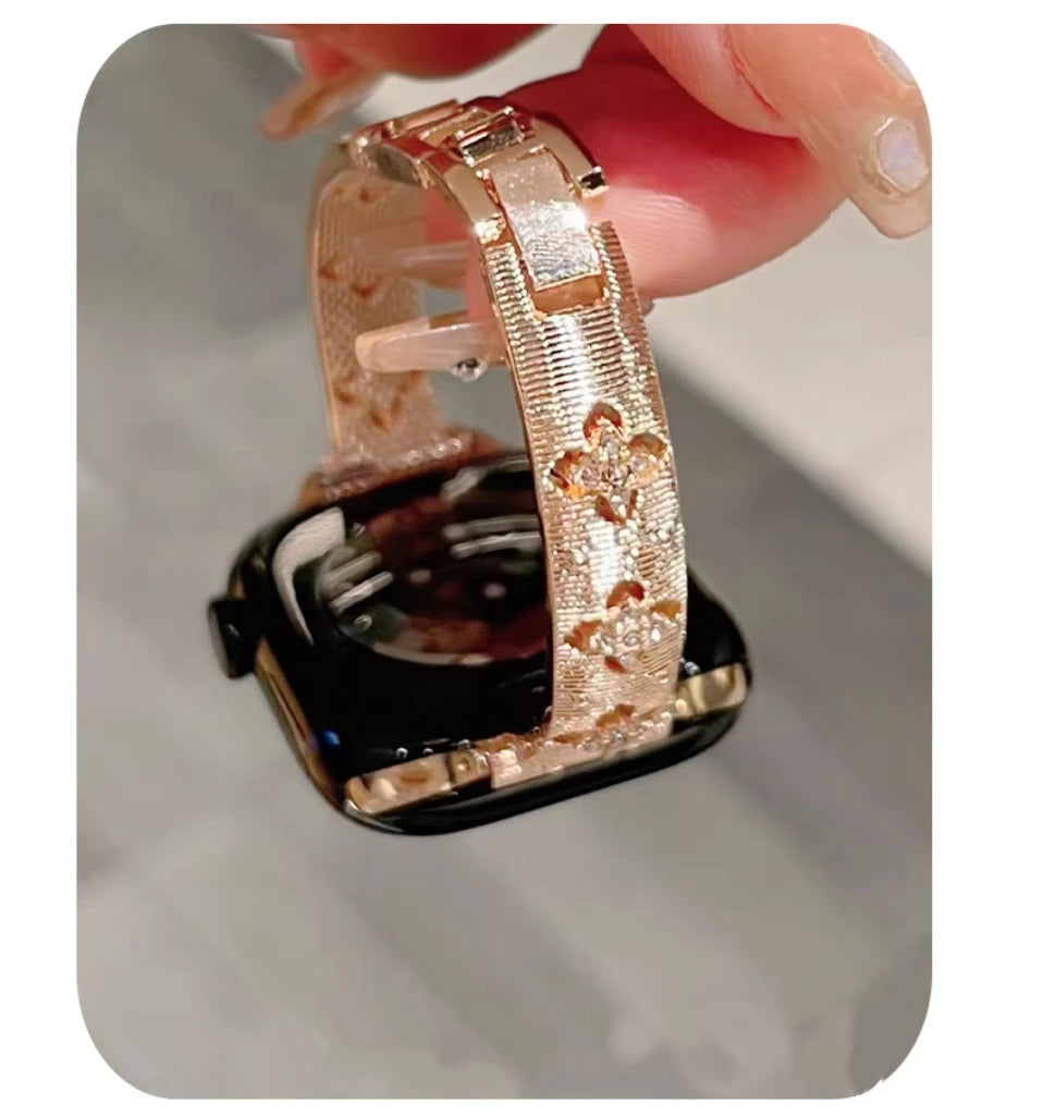 Luxury Bling Gold Stainless Steel Bracelet for Apple Watch – Crystal Decorated Women’s Band