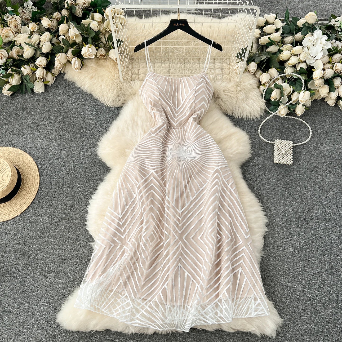 Luxury Mesh Party Dress – Embroidered Spaghetti Strap Gown