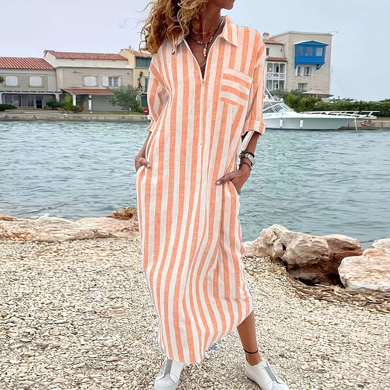 Striped Long Shirt Dress with Pockets