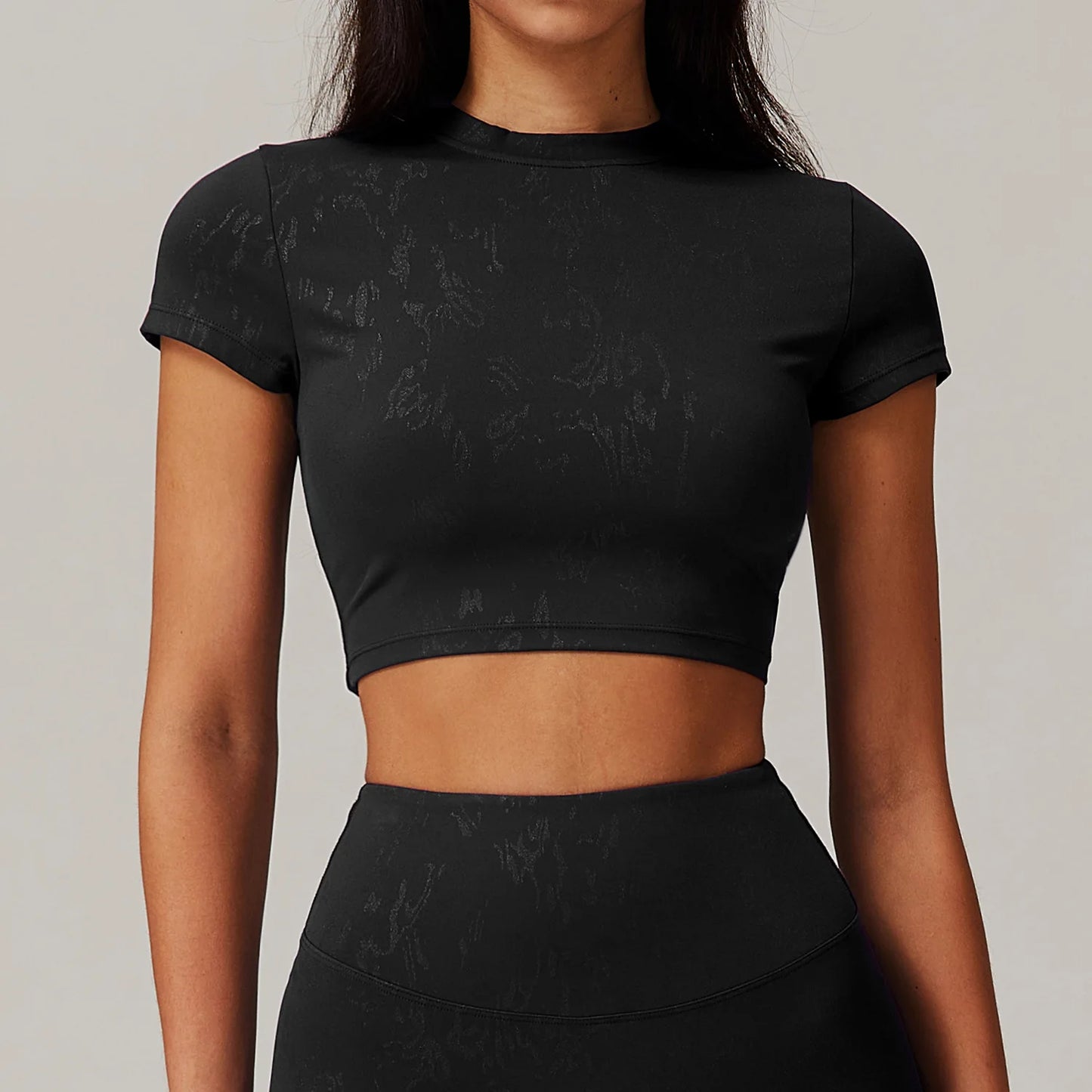 Printed Crop Yoga T-Shirt – Short Sleeve Quick-Drying Sports Top for Women