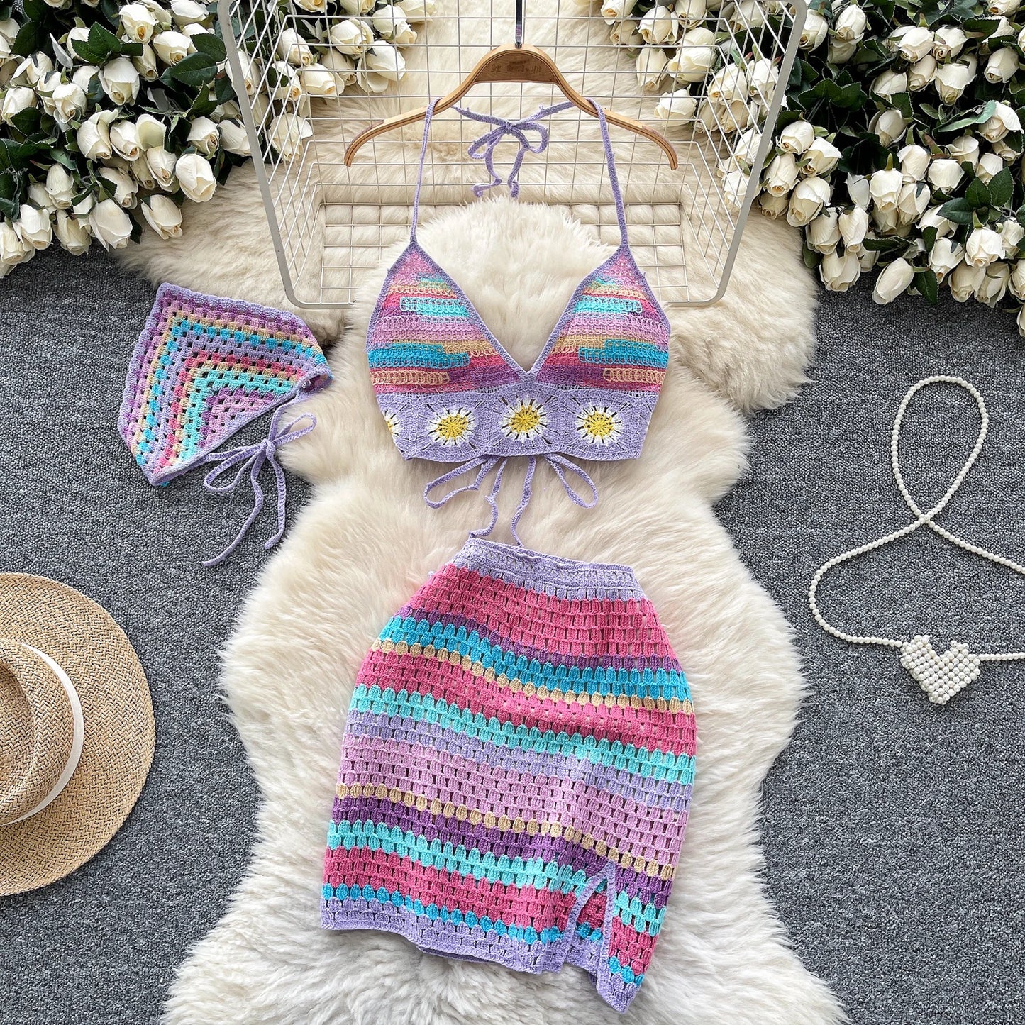 Bohemian Crochet 3-Piece Set – Colorful Halter Top + Mini Skirt + Shorts