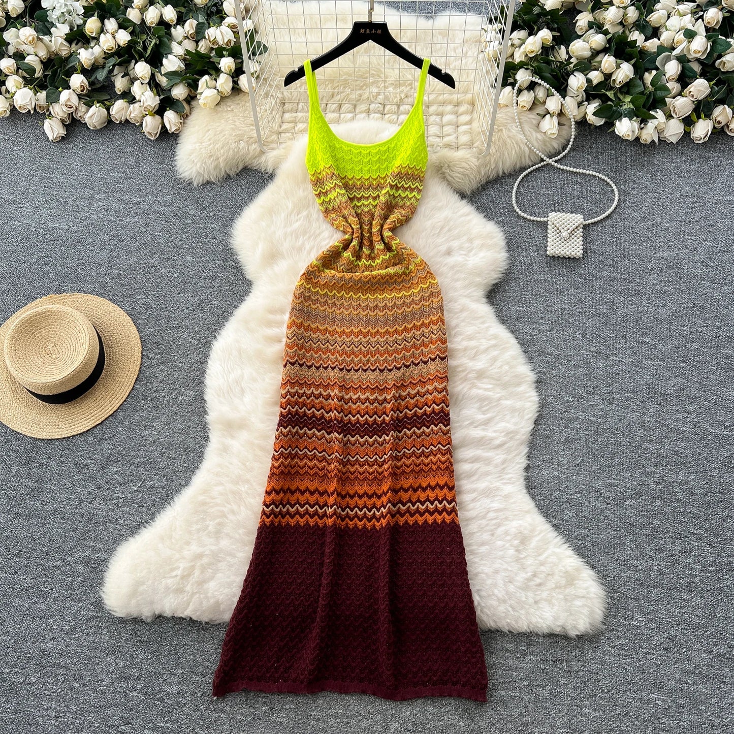 Korean Chic Knitted Gradient Long Dress – Sleeveless Spaghetti Strap Summer Beachwear