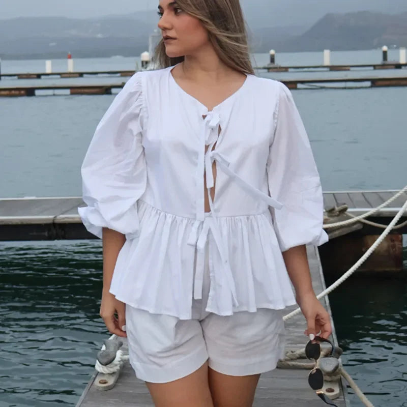 Women Y2K Vintage Gingham 2-Piece Set – Puff Sleeve Babydoll Peplum Top + Shorts