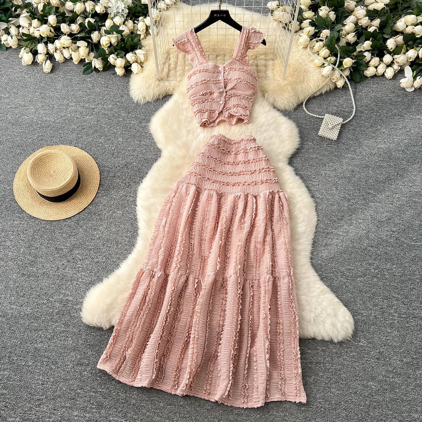 SINGREINY Casual Beach Style 2pcs Set – Camisole + A-Line Fold Slim Skirt (Rose Red)