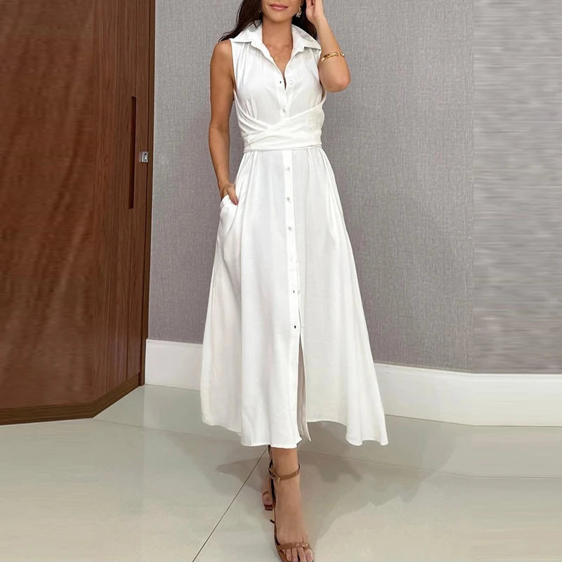 High Waist Long Shirt Dress with Buttons