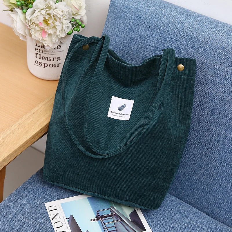 Women’s Cotton Corduroy Shoulder Tote Bag – Reusable Casual Eco Shopping Bag