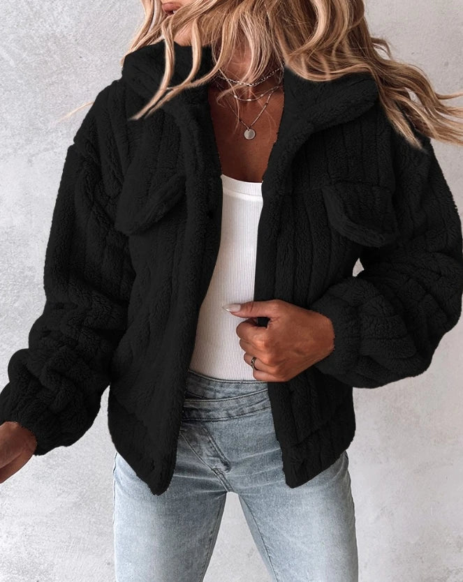 Checkered Fleece Button-Up Teddy Jacket
