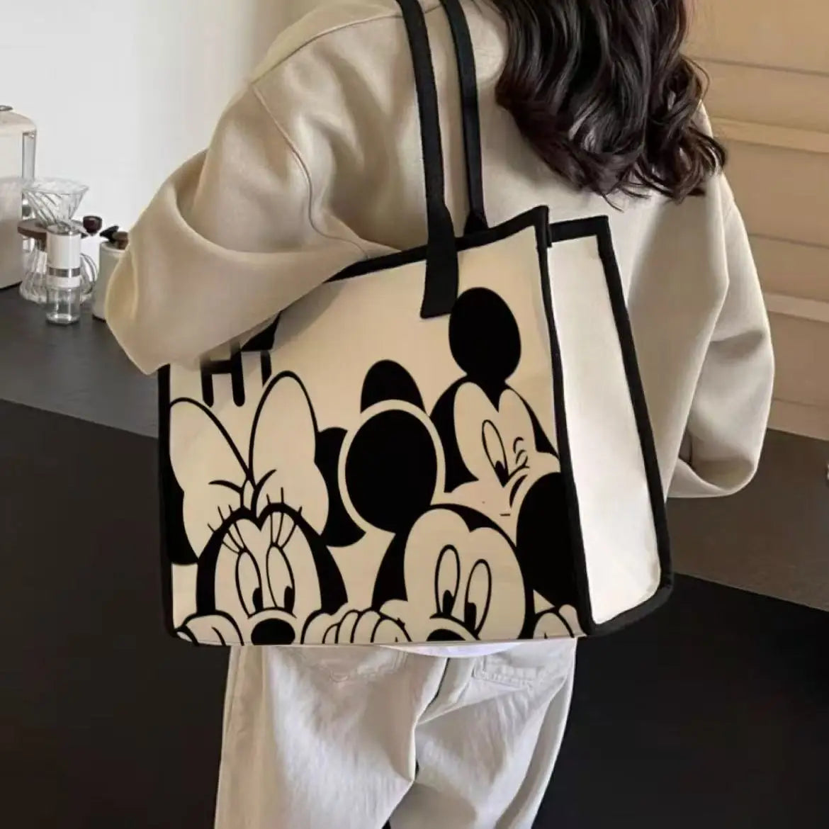 Disney Mickey & Minnie Canvas Tote – Large Capacity Graffiti Style Shoulder Bag for Daily & Student Use