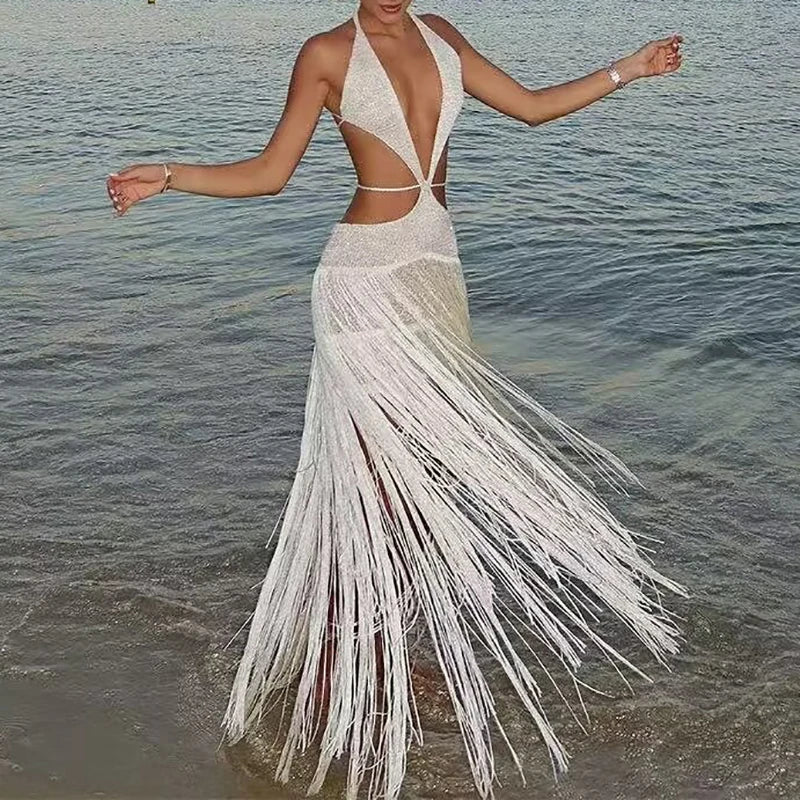 Sleeveless Deep V Tassel Beach Maxi Dress
