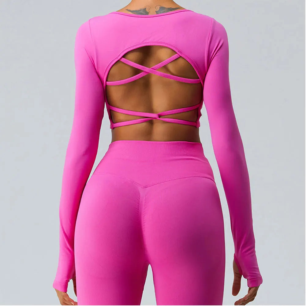 Seamless Backless Long Sleeve Crop Top – Women’s Yoga & Gym Sports Shirt