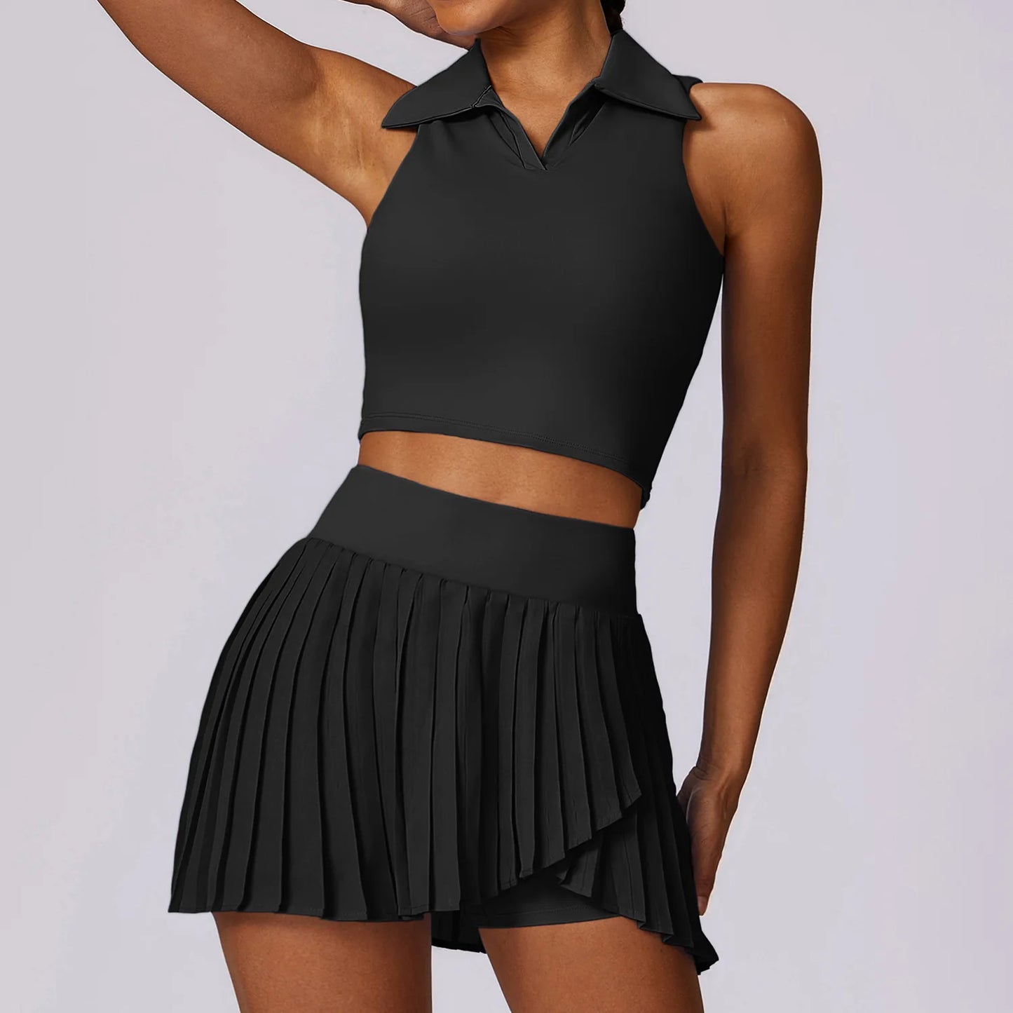 2-Piece Summer Yoga & Tennis Set – Crop Top & Pleated Skirt