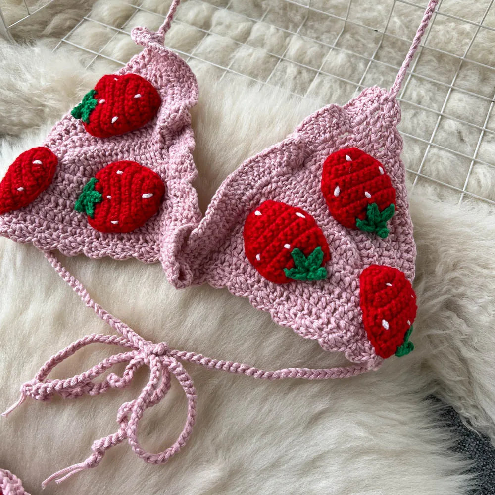 Summer Crochet Set with Strawberry Details – Strap Top + Mini Skirt