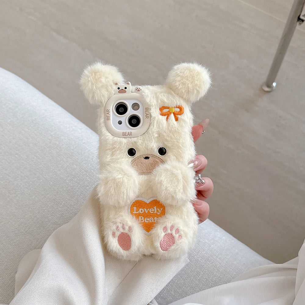 Funny Cat or Bear Furry Soft Plush Phone Case – For iPhone 11 to 16 Pro Max