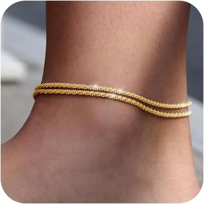 Double-Layer Beaded Anklet – Gold & Silver