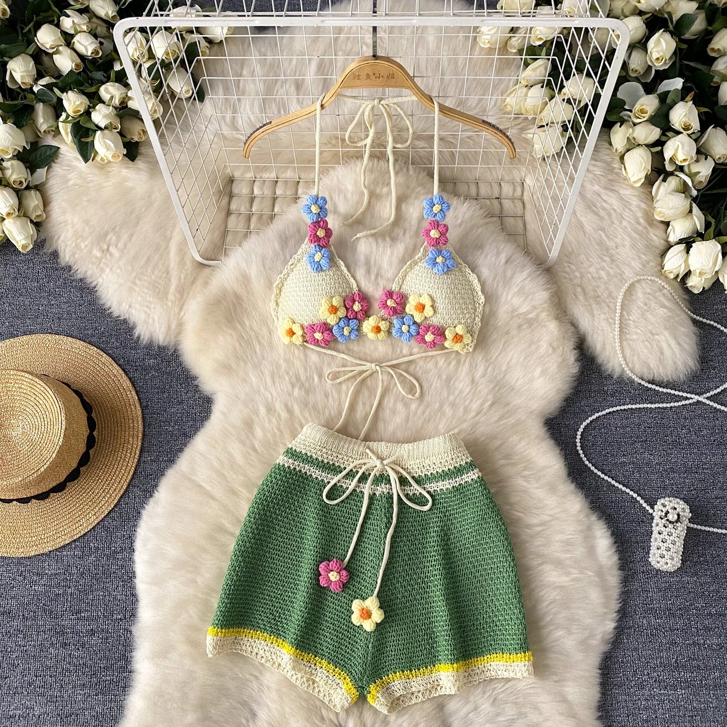 3D Floral Crochet Summer Set – Halter Bra Top + Wide-Leg Shorts