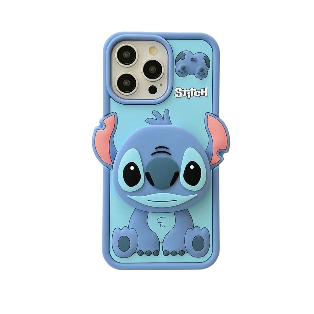Funny Cartoon Stitch Soft Silicone Case with Mirror & Holder – For iPhone 11 to 16 Pro Max