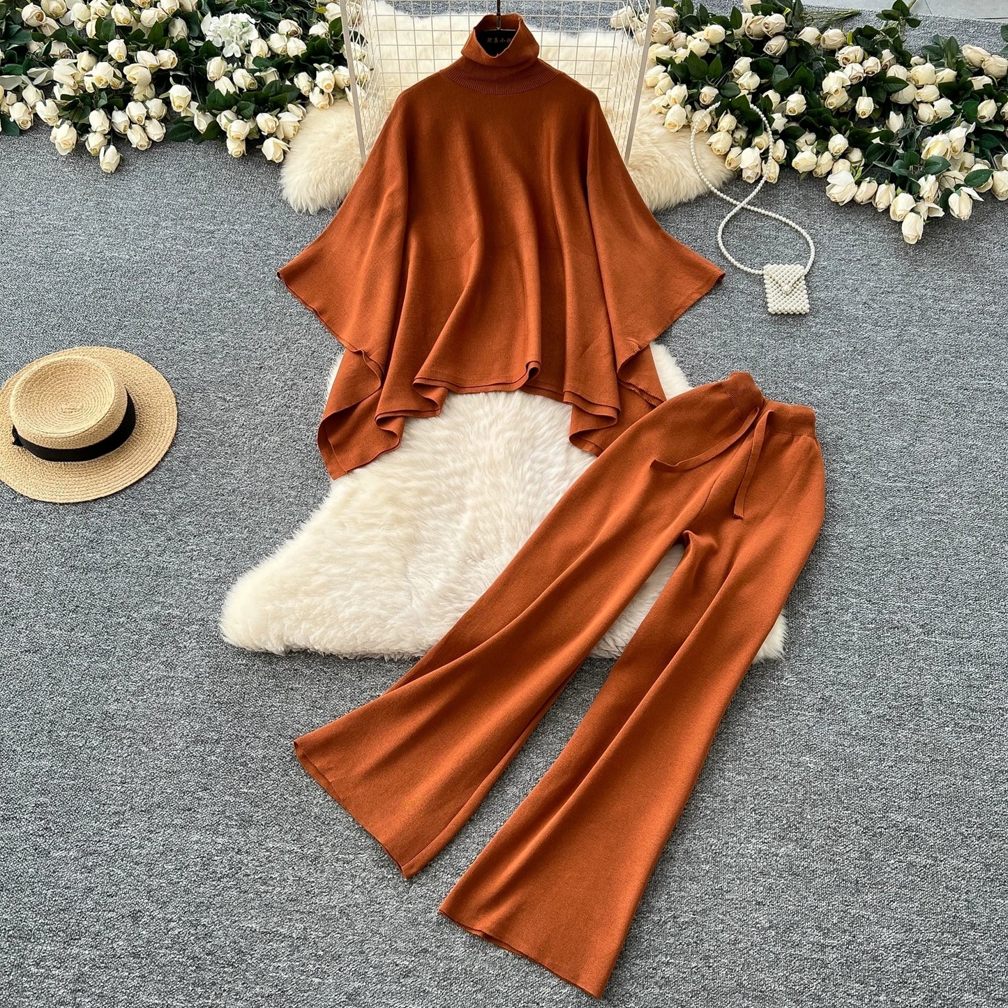 SINGREINY Turtleneck Warm Two-Piece Set – Knitted Sweater & Wide Leg Pants