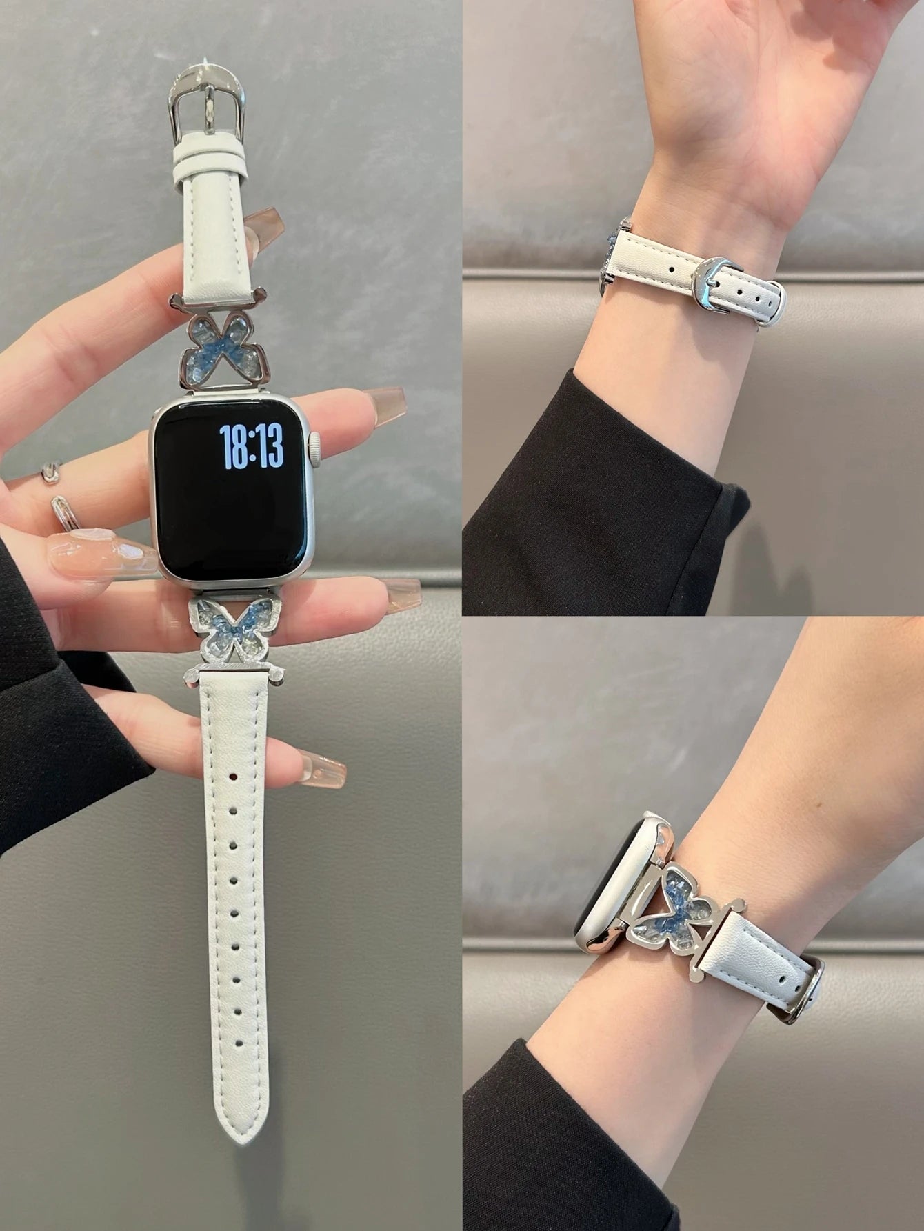 Premium Leather Apple Watch Band with Metal Bear Charm – Elegant Women’s Strap