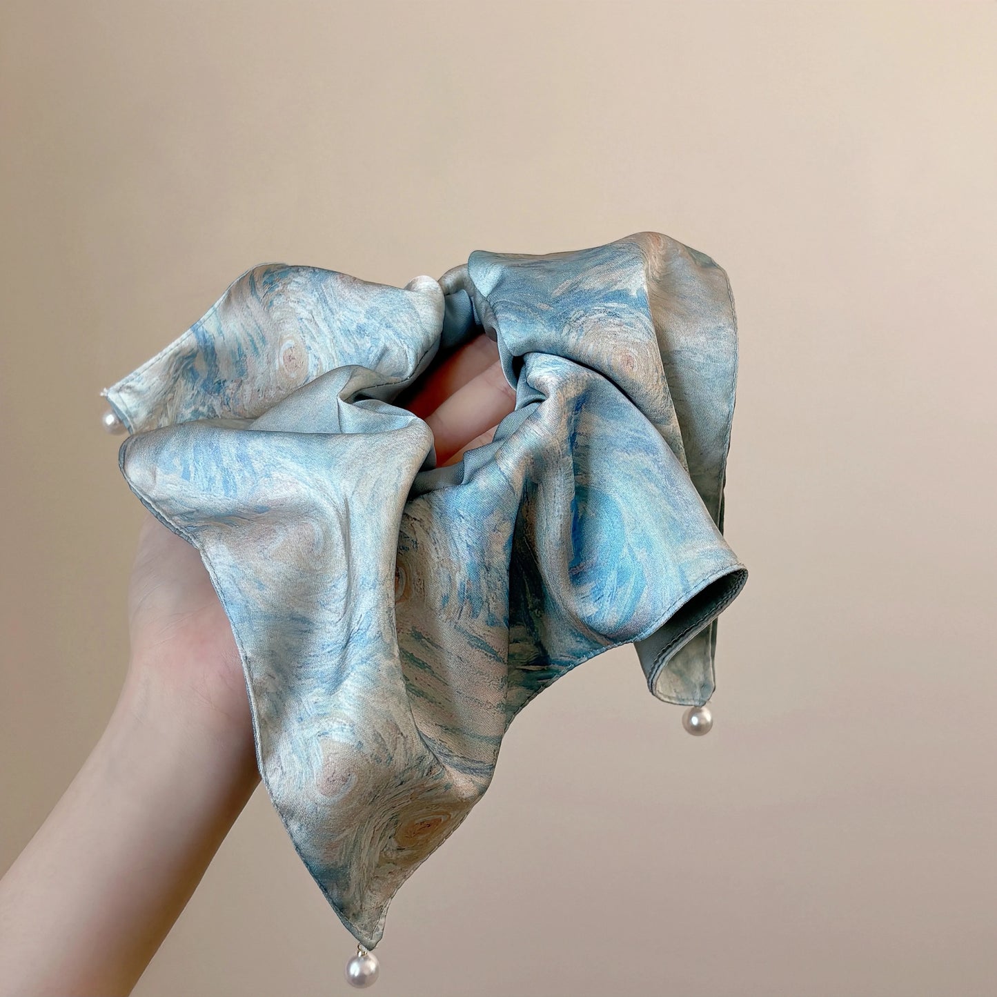 Elegant Blue Satin Bow Hair Scrunchie – Floral Oil Painting Design