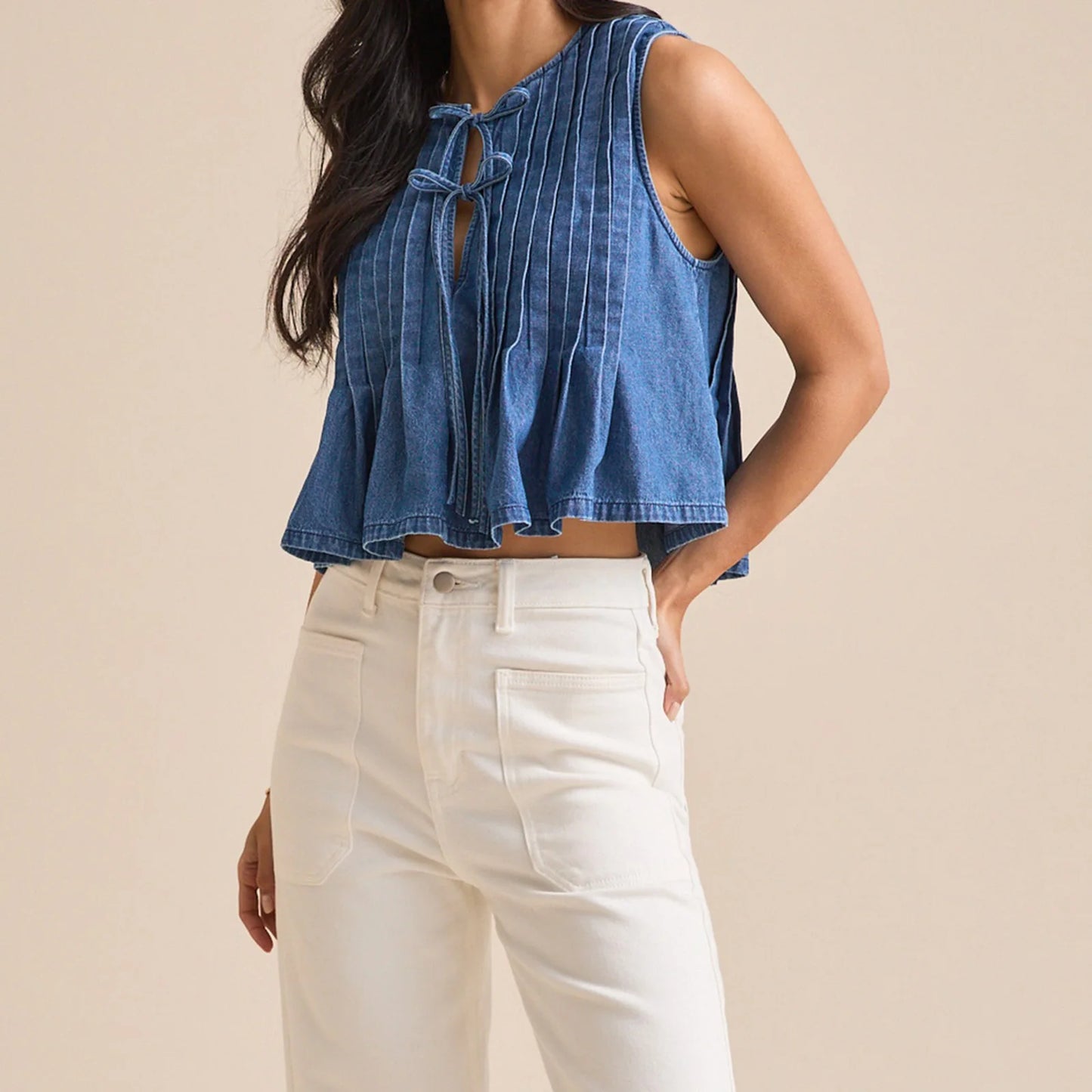 Boho Vintage Denim Tie Front Tank Top – Sleeveless Summer Chic