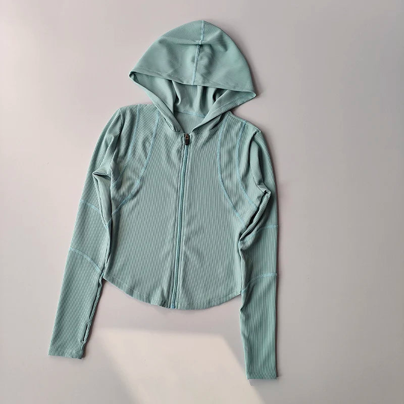 Women’s Slim Fit Hooded Jacket – Long Sleeve Sports Coat with Thumb Holes