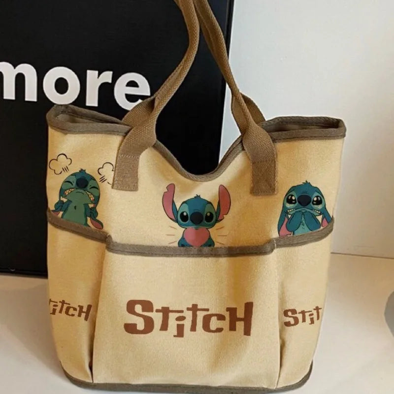 Stitch Cartoon Shoulder Bag – Large Capacity Canvas Tote with Zipper