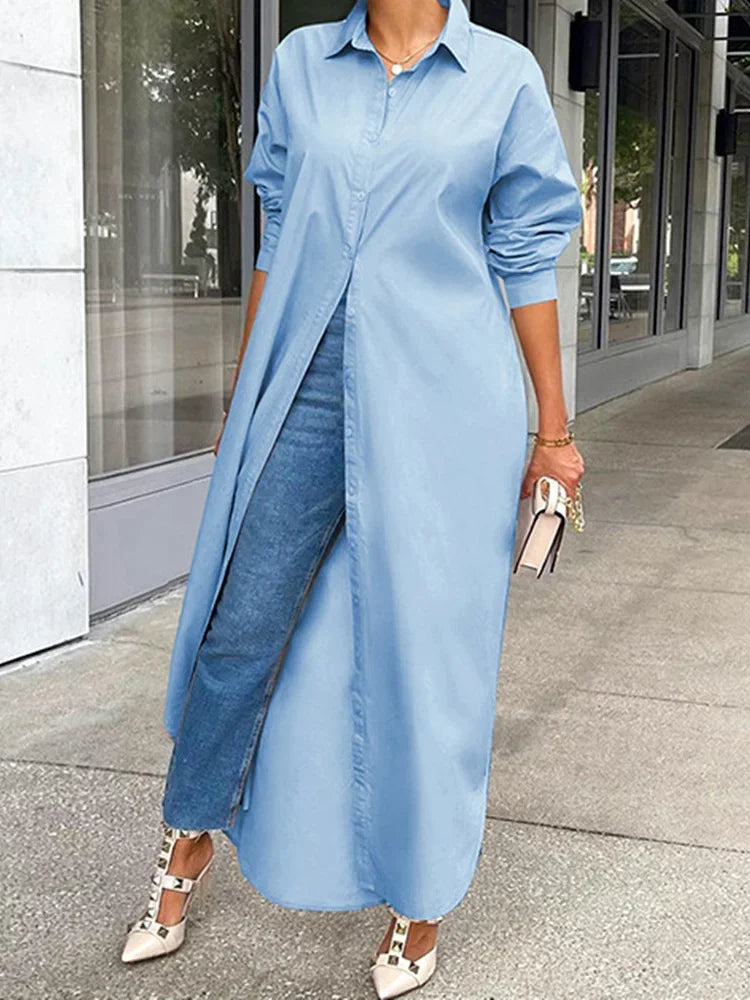 Long Shirt Dress with Lapel Collar