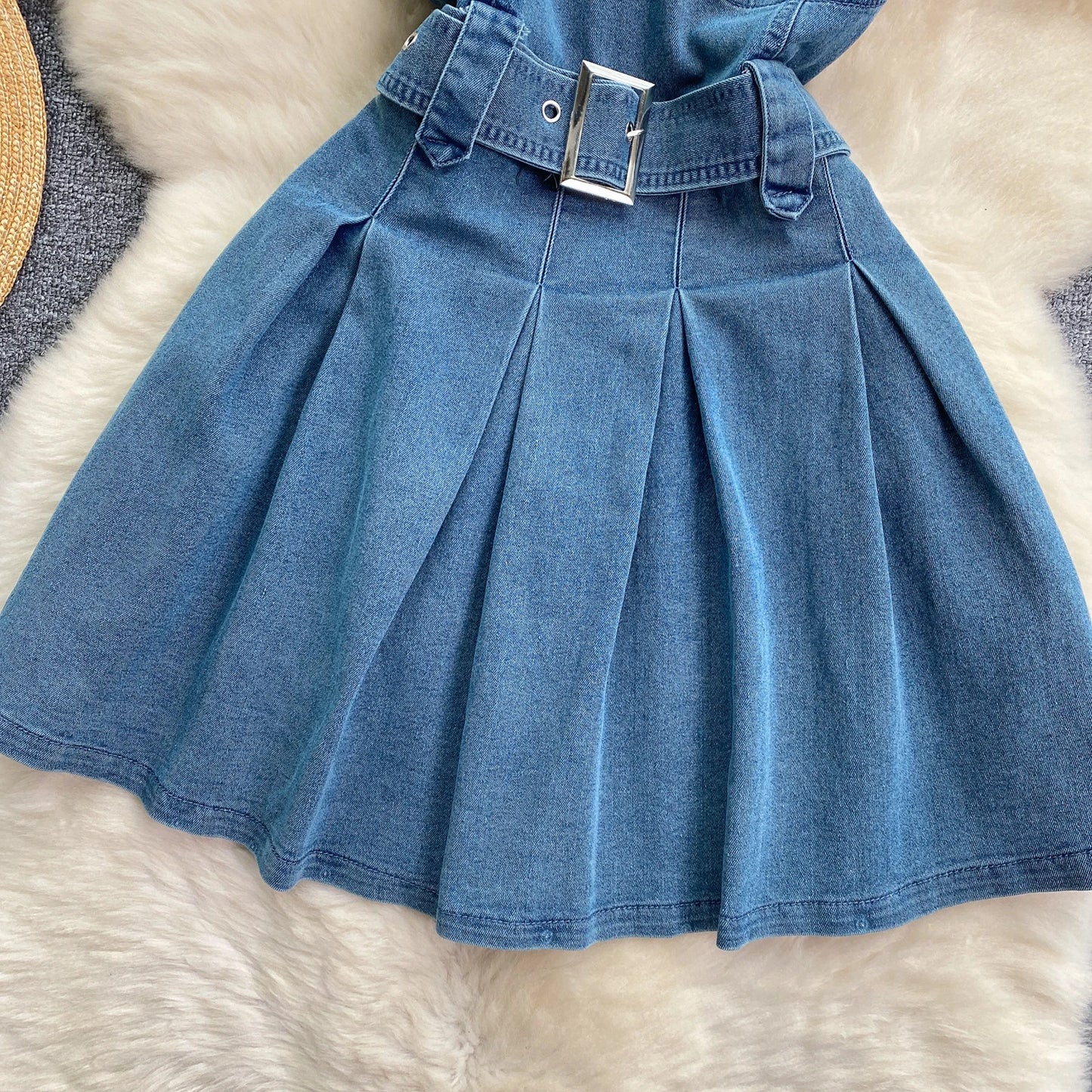 SINGREINY Women High Street Denim Dress Square Collar Short Flying Sleeves Belt Pleated 2024 Summer INS Preppy Style Sweet Dress