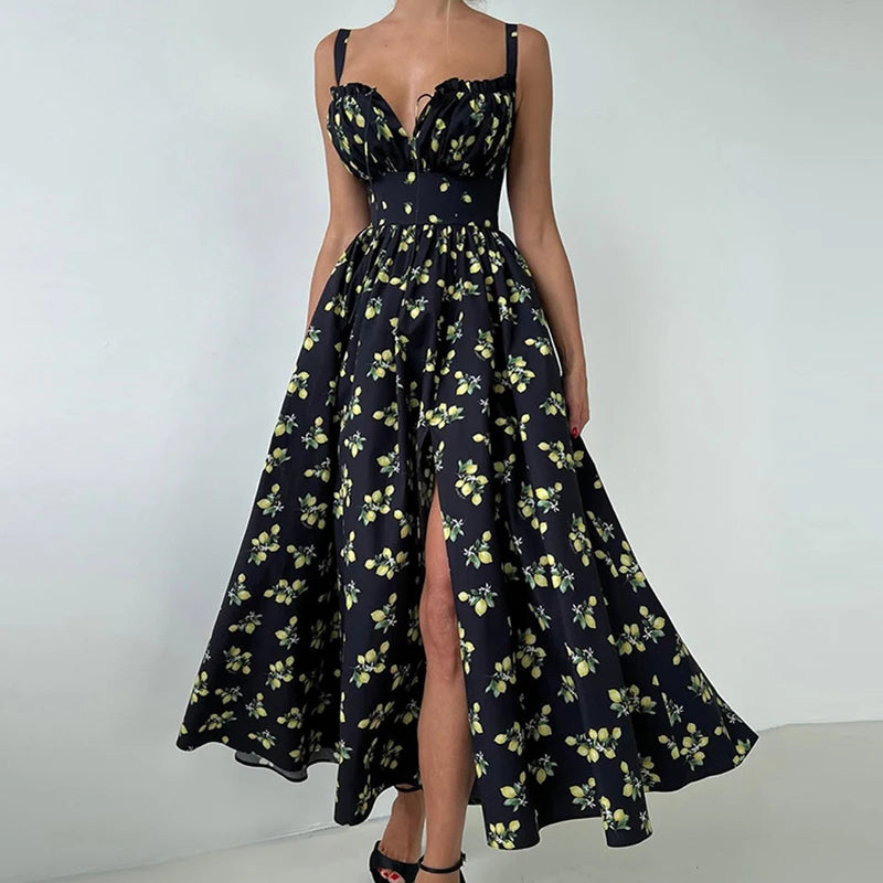 Printed Long Summer Dress with Slit and Spaghetti Straps