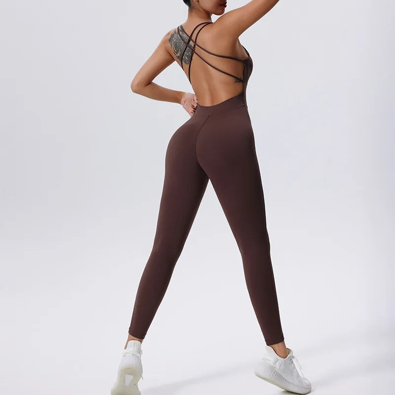 Women’s Stretch Yoga Gym Jumpsuit – Open Back Push-Up Fitness Bodysuit