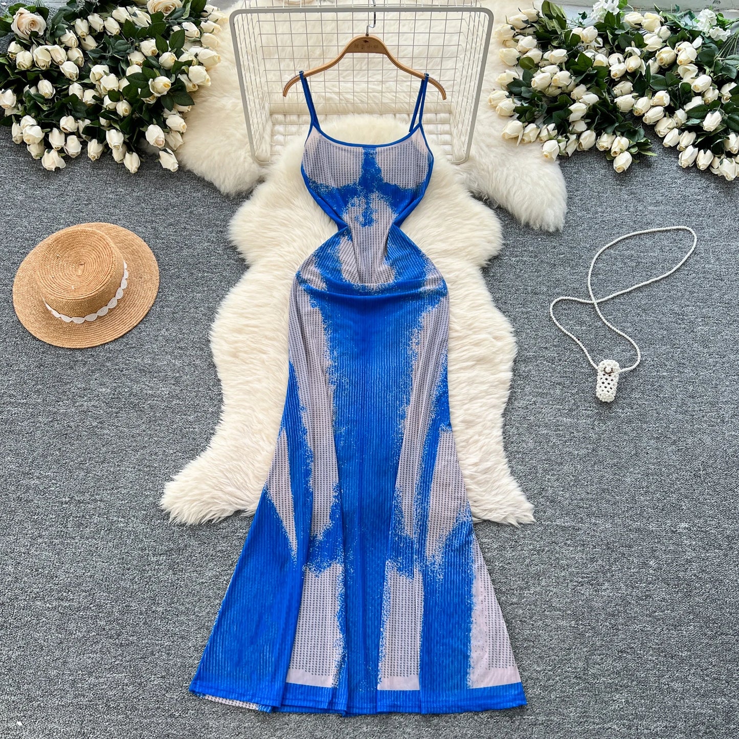 Slim Fit Mesh Colorblock Maxi Dress – Sleeveless Halter Style