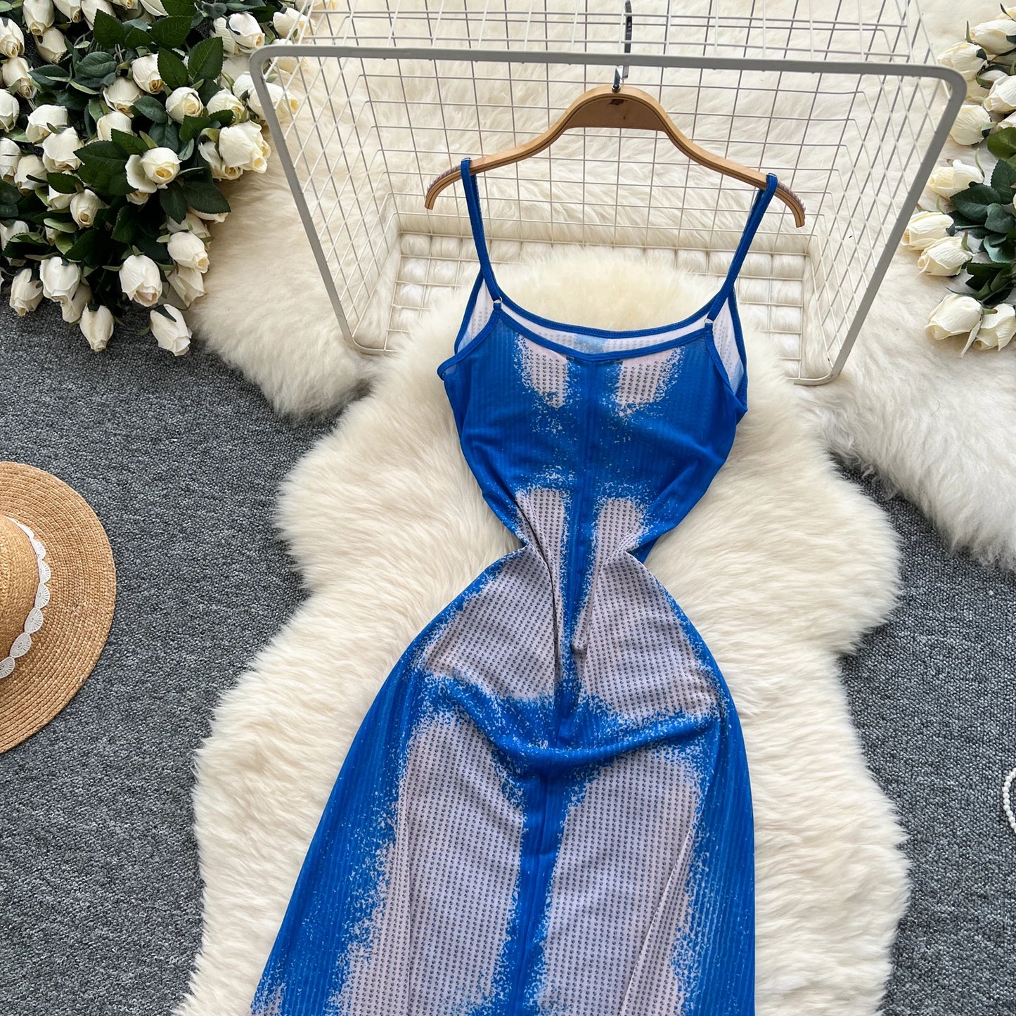Slim Fit Mesh Colorblock Maxi Dress – Sleeveless Halter Style