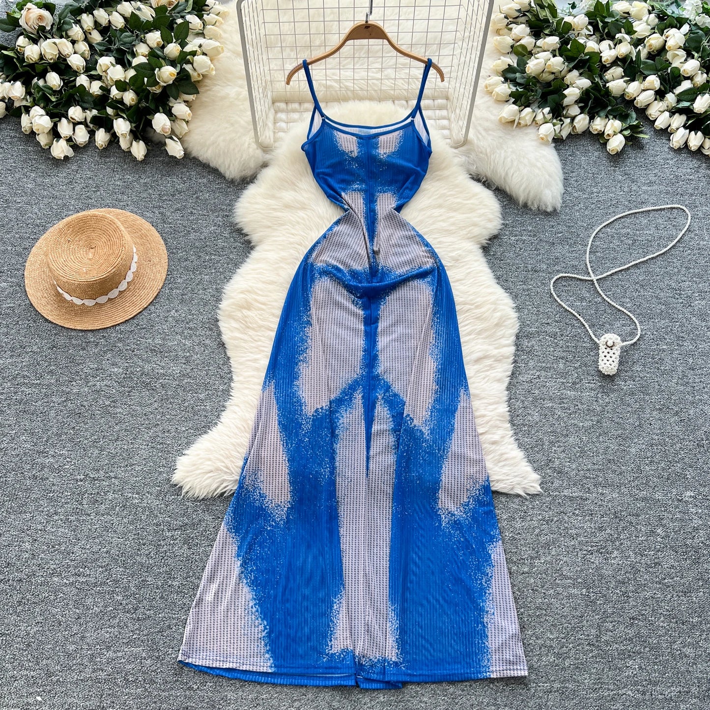 Slim Fit Mesh Colorblock Maxi Dress – Sleeveless Halter Style