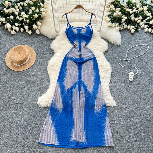 Slim Fit Mesh Colorblock Maxi Dress – Sleeveless Halter Style