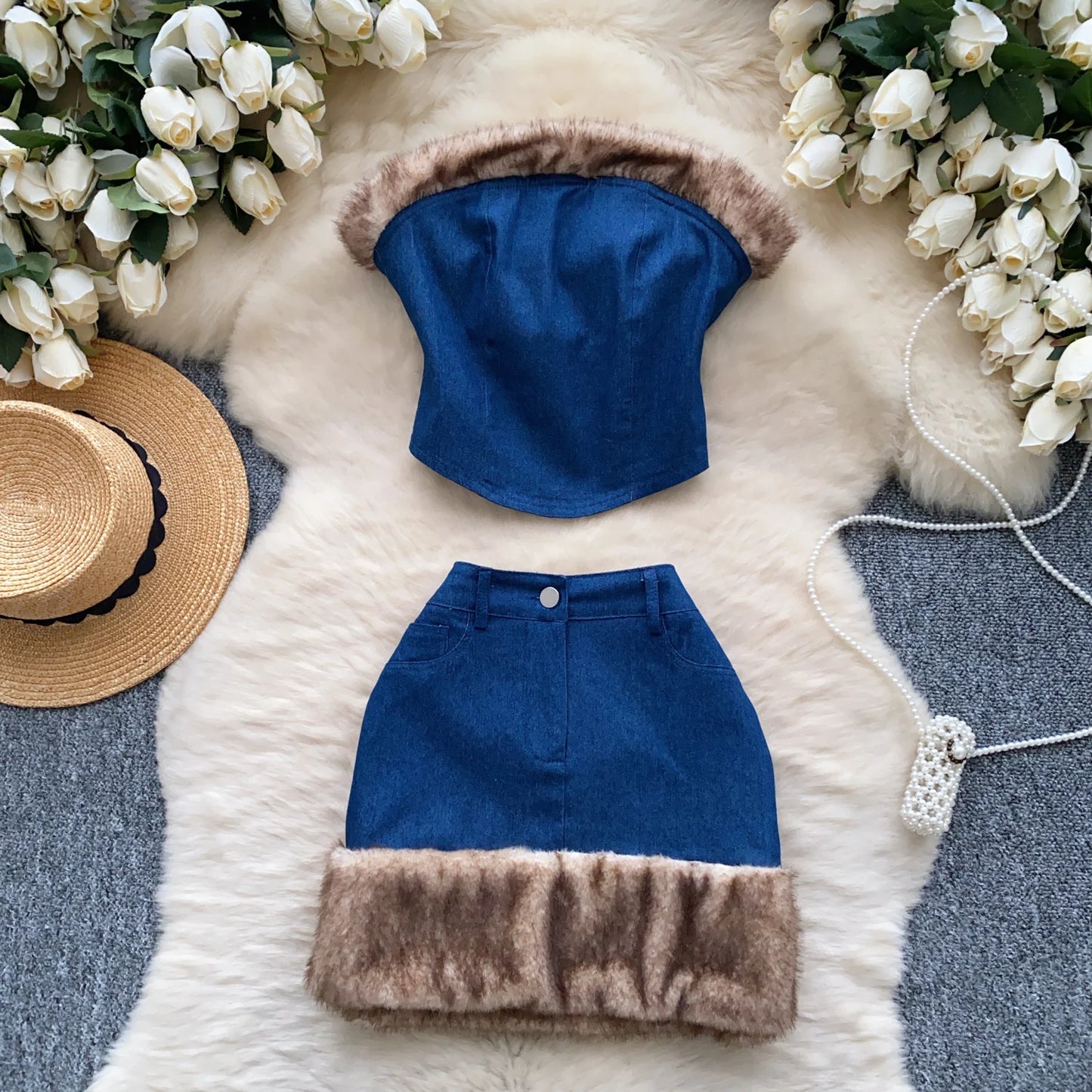 SINGREINY 2-Piece Denim Set – Strapless Feather Trim Crop Top + High Waist Skirt