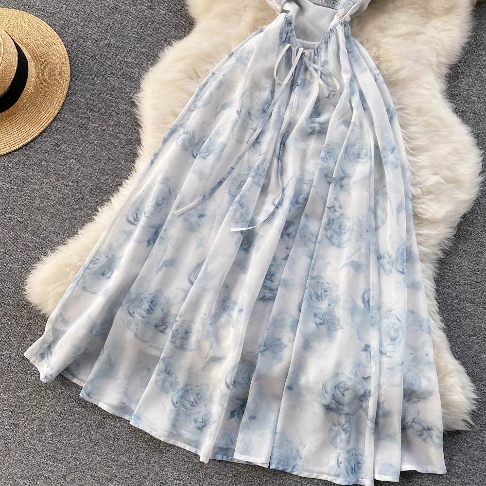 Floral Spaghetti Strap Maxi Dress – Ruched Backless Boho Style
