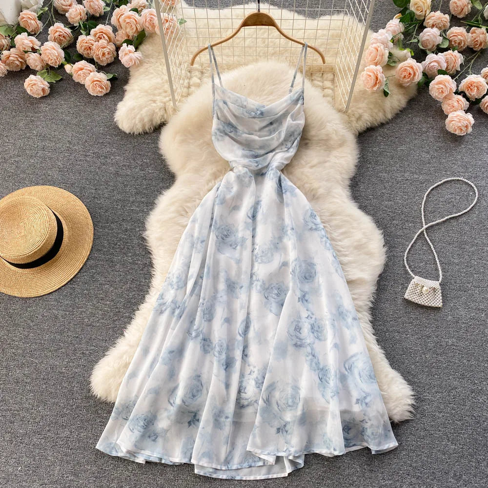 Floral Spaghetti Strap Maxi Dress – Ruched Backless Boho Style