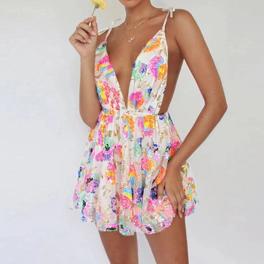 Sparkly Floral Sequin Mini Dress – Backless Summer Partywear