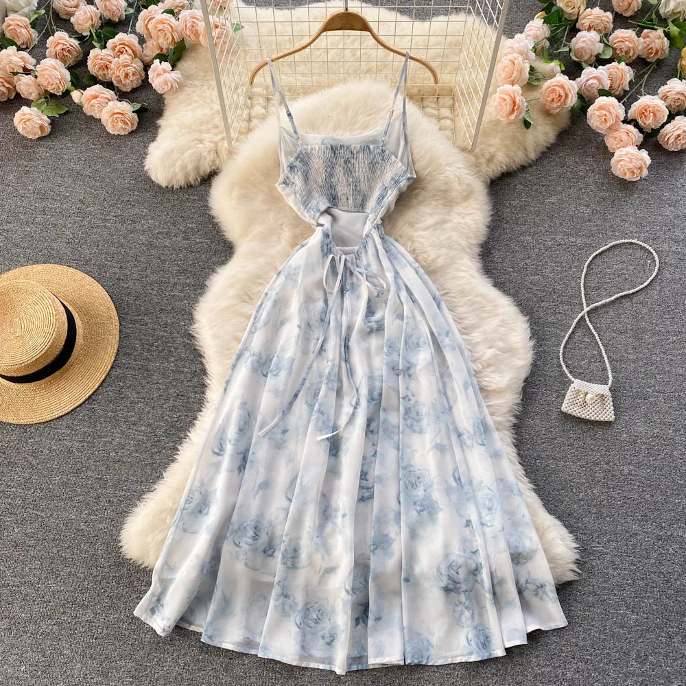 Floral Spaghetti Strap Maxi Dress – Ruched Backless Boho Style