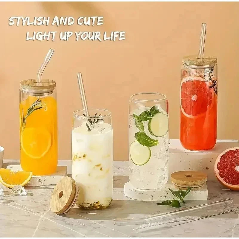 Glass Cup with Wooden Lid & Straw