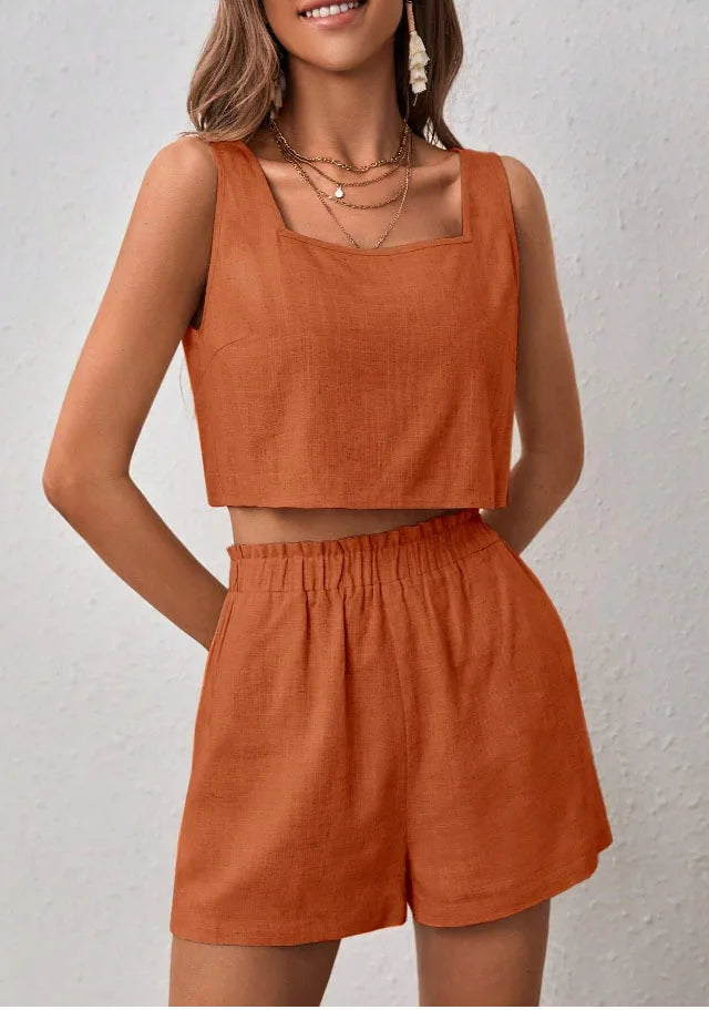 Women’s Cotton Linen Summer Set – Sleeveless Open-Back Top & Shorts