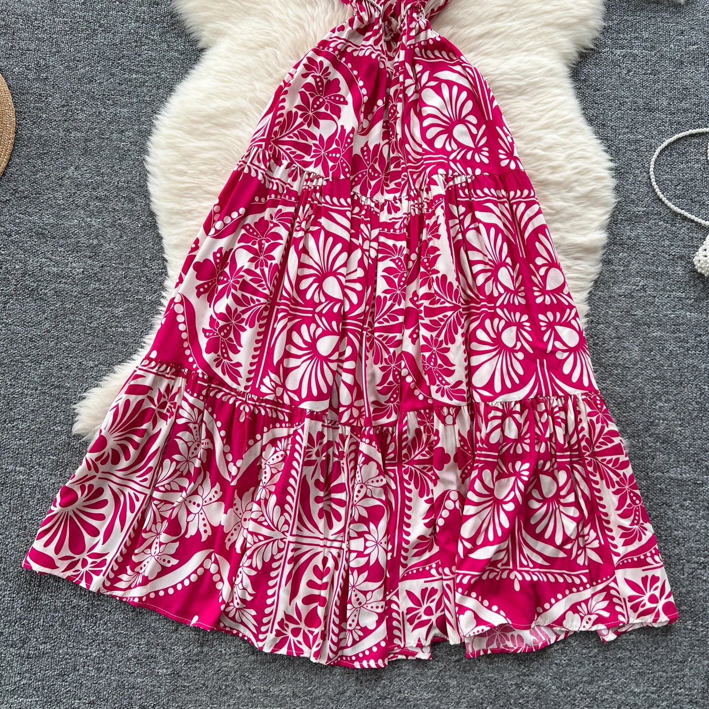 Vintage Print V-Neck Pleated Swing Dress