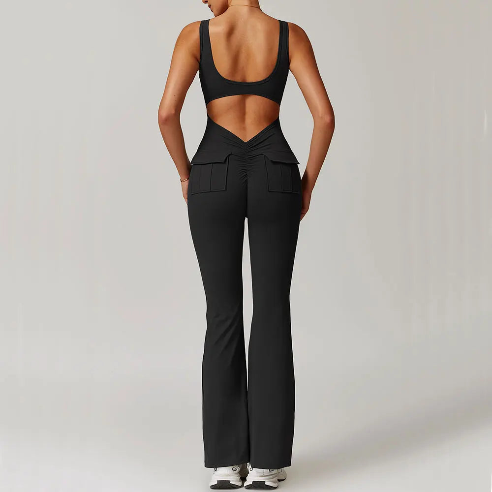 Women's V-Back Pocket Jumpsuit – Flared Leg Fitness Bodysuit