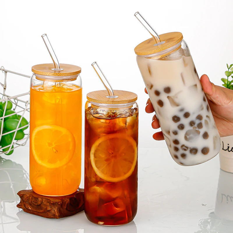 Glass Cup with Wooden Lid & Straw